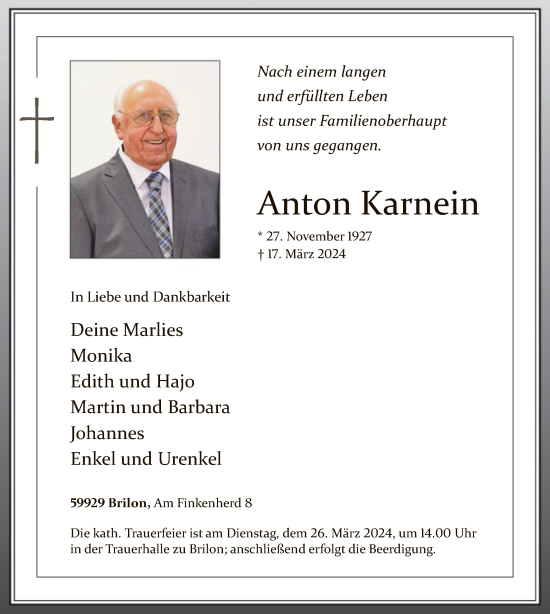 Todesanzeige von Anton Karnein von WA