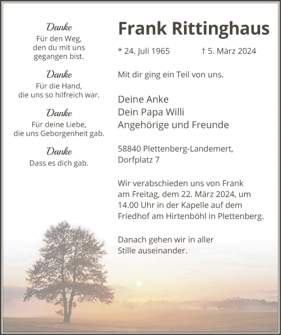 Todesanzeige von Frank Rittinghaus von WA