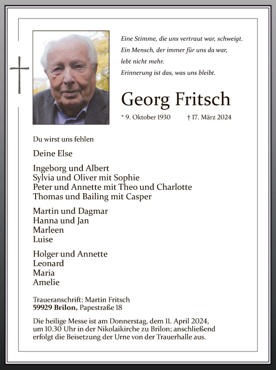Todesanzeige von Georg Fritsch von WA
