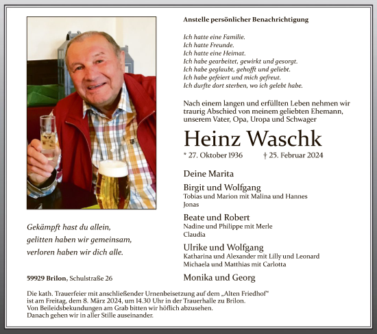 Todesanzeige von Heinz Waschk von WA