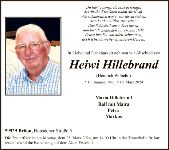 Todesanzeige von Heiwi Hillebrand von WA