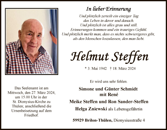 Todesanzeige von Helmut Steffen von WA