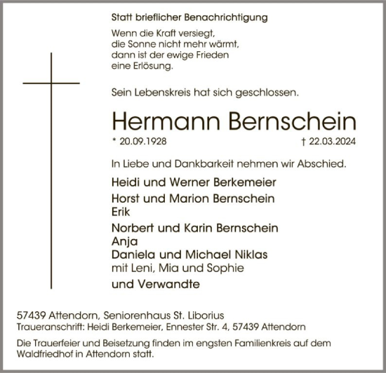 Todesanzeige von Hermann Bernschein von WA