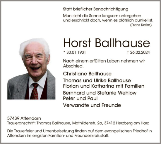 Todesanzeige von Horst Ballhause von WA