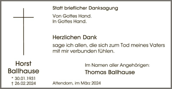 Todesanzeige von Horst Ballhause von WA