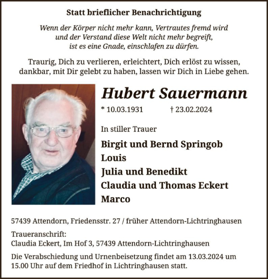 Todesanzeige von Hubert Sauermann von WA
