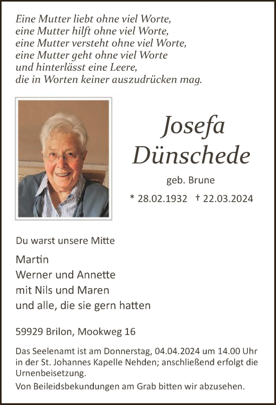Todesanzeige von Josefa Dünschede von WA