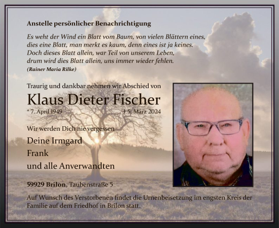 Todesanzeige von Klaus Dieter Fischer von WA