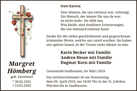 Todesanzeige von Margret Hömberg von WA