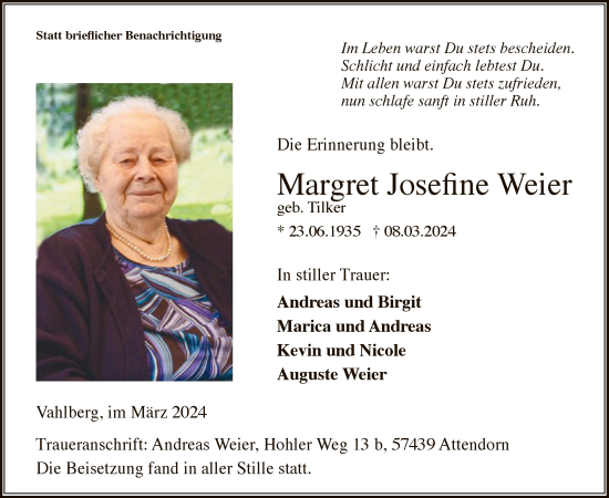 Todesanzeige von Margret Josefine Weier von WA