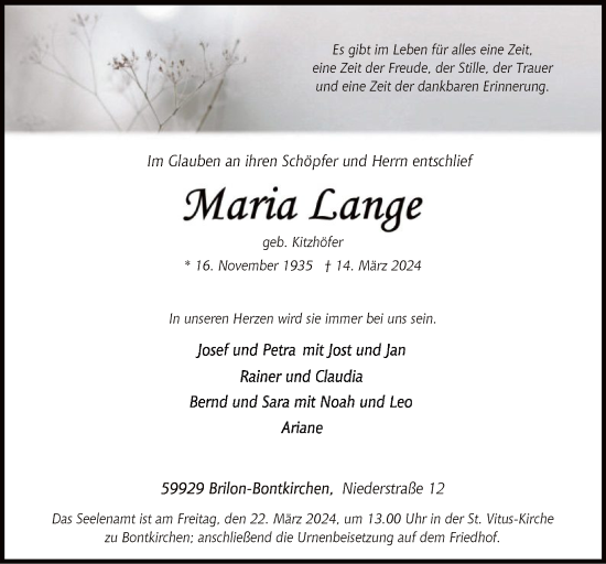 Todesanzeige von Maria Lange von WA