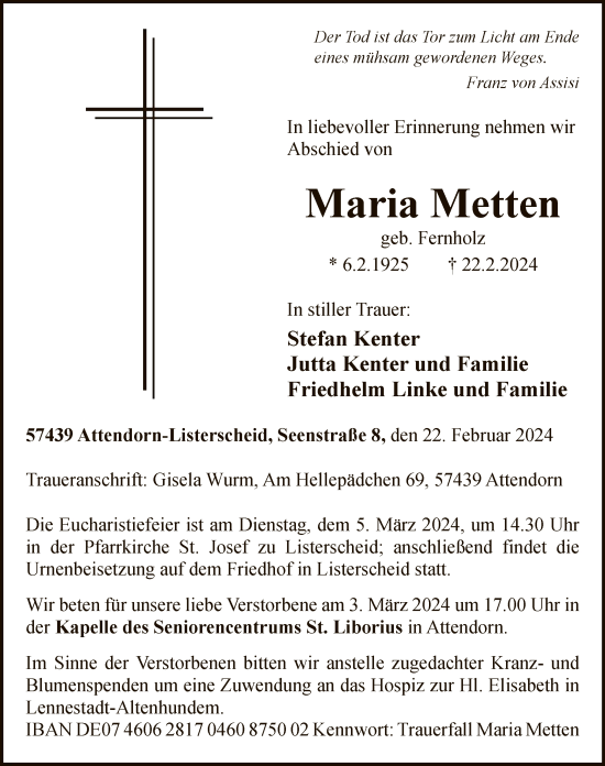 Todesanzeige von Maria Metten von WA