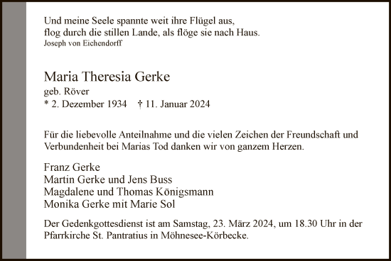 Todesanzeige von Maria Theresia Gerke von WA