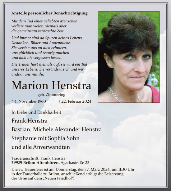 Todesanzeige von Marion Henstra von WA