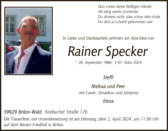 Todesanzeige von Rainer Specker von WA