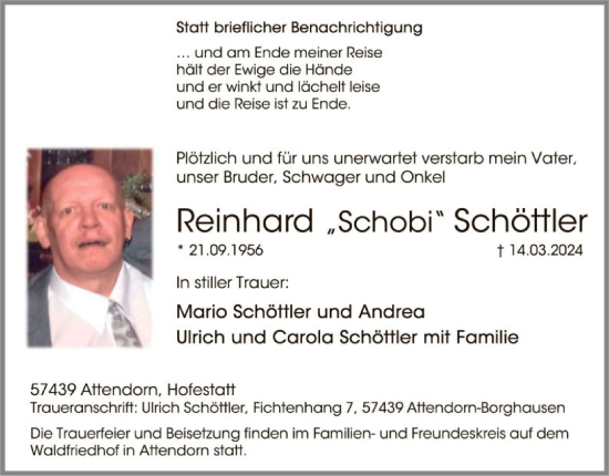 Todesanzeige von Reinhard Schöttler von WA