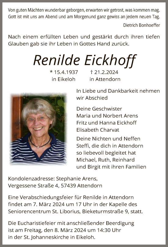 Todesanzeige von Renilde Eickhoff von WA