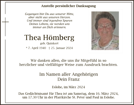 Todesanzeige von Thea Hömberg von WA