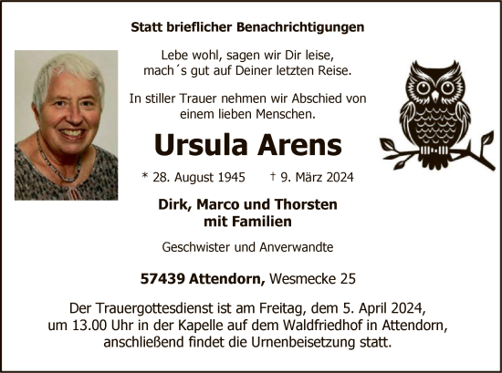 Todesanzeige von Ursula Arens von WA