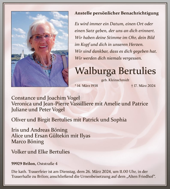 Todesanzeige von Walburga Bertulies von WA