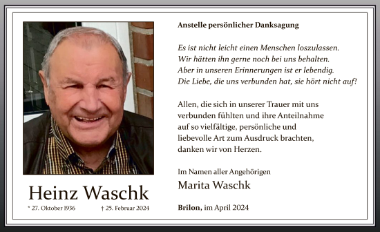 Todesanzeige von Heinz Waschk von WA
