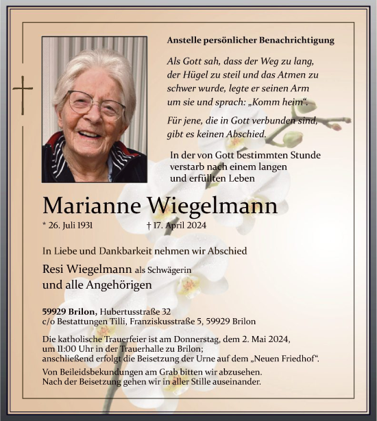 Todesanzeige von Marianne Wiegelmann von WA