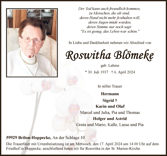 Todesanzeige von Roswitha Blömeke von WA