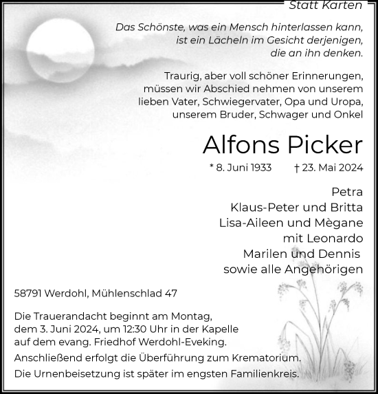 Todesanzeige von Alfons Picker von WA