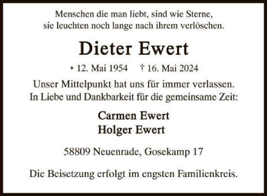 Todesanzeige von Dieter Ewert von WA