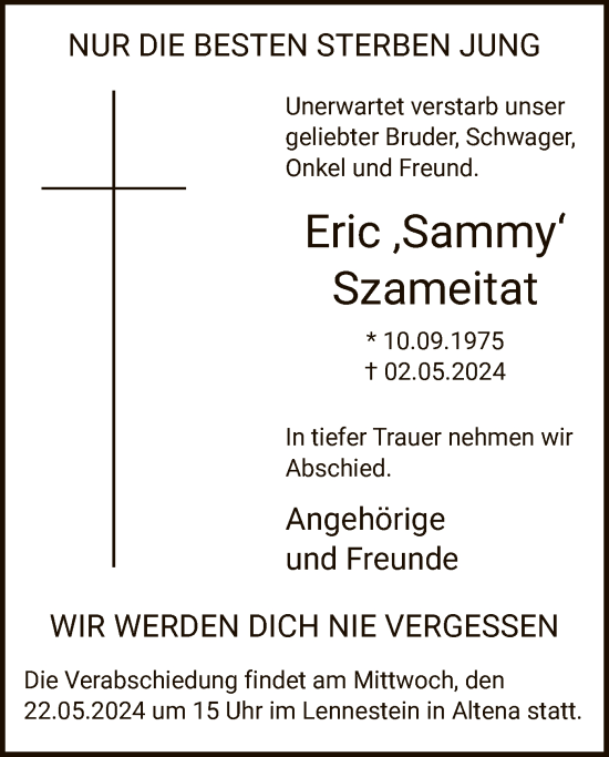 Todesanzeige von Eric Szameitat von WA