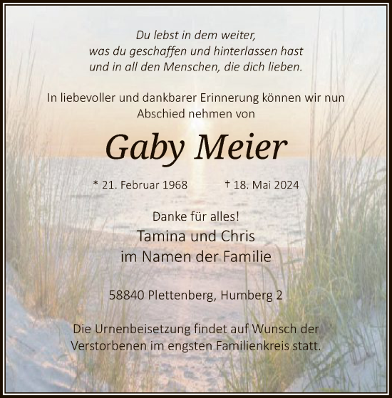 Todesanzeige von Gaby Meier von WA