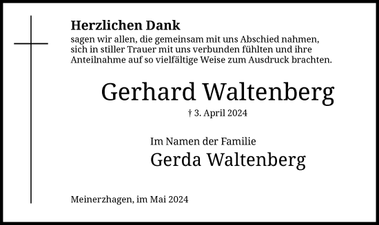 Todesanzeige von Gerhard Waltenberg von WA