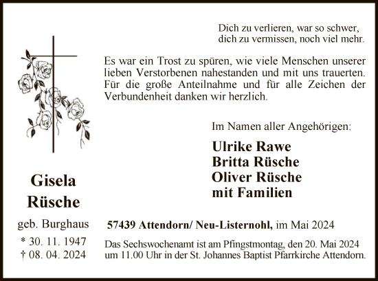 Todesanzeige von Gisela Rüsche von WA