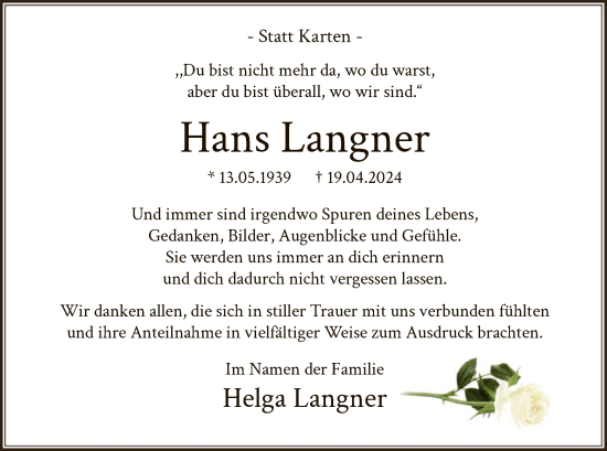 Todesanzeige von Hans Langner von WA