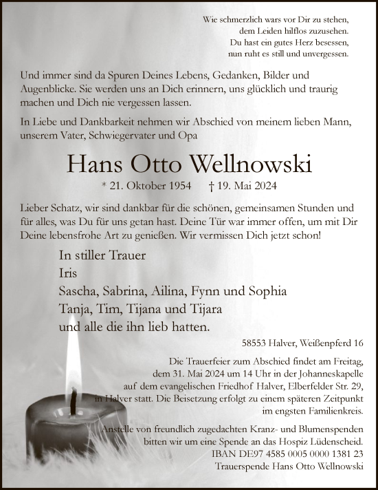 Todesanzeige von Hans Otto Wellnowski von WA