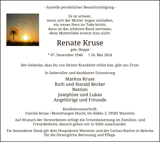 Todesanzeige von Renate Kruse von WA