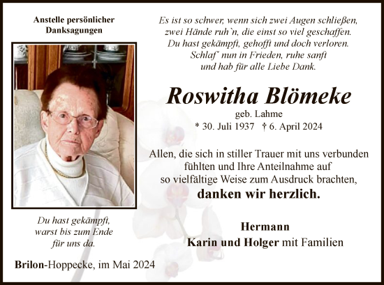 Todesanzeige von Roswitha Blömeke von WA