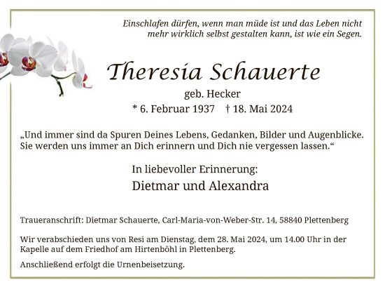 Todesanzeige von Theresia Schauerte von WA