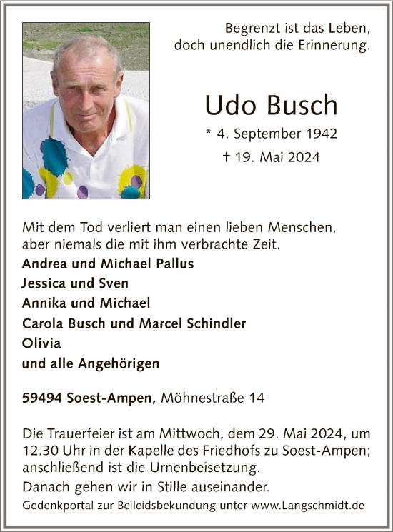 Todesanzeige von Udo Busch von WA