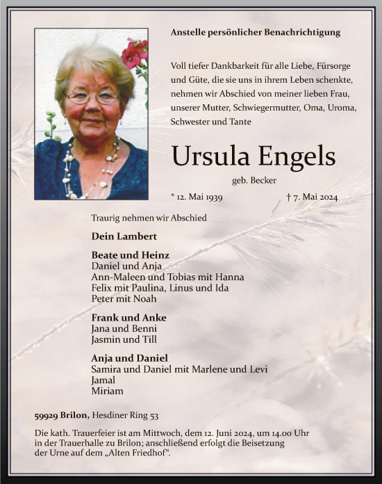 Todesanzeige von Ursula Engels von WA