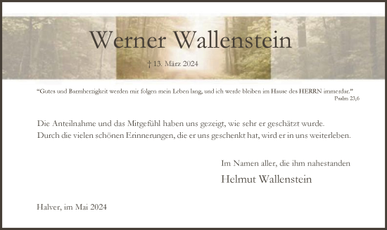 Todesanzeige von Werner Wallenstein von WA