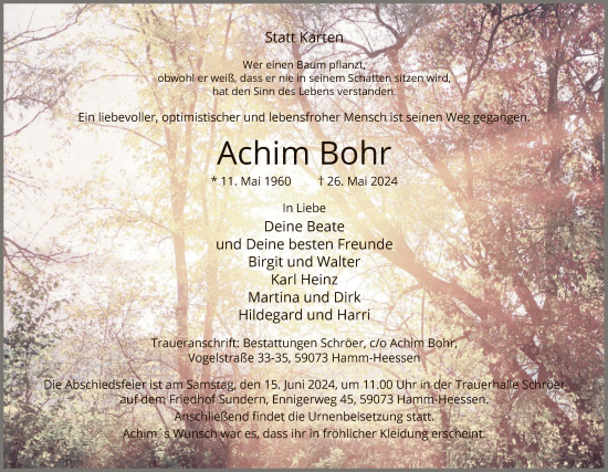 Todesanzeige von Achim Bohr von WA