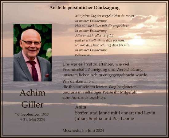 Todesanzeige von Achim Giller von WA
