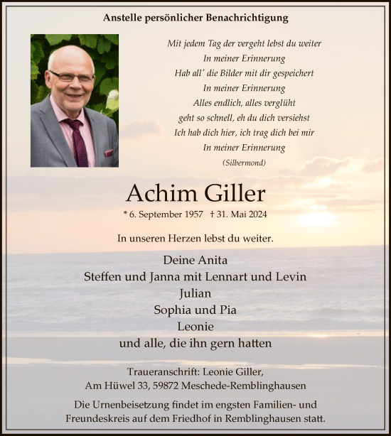 Todesanzeige von Achim Giller von WA