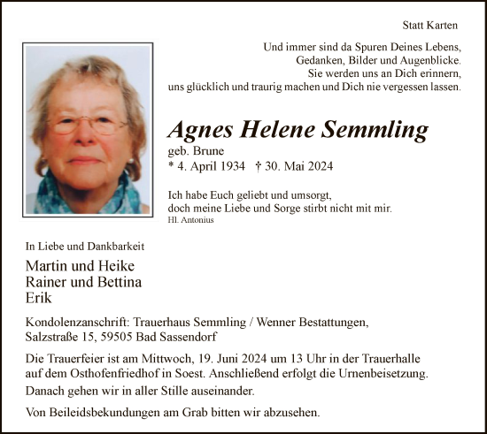 Todesanzeige von Agnes Helene Semmling von WA