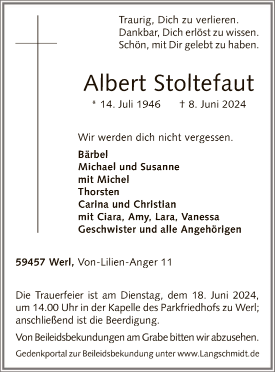 Todesanzeige von Albert Stoltefaut von WA