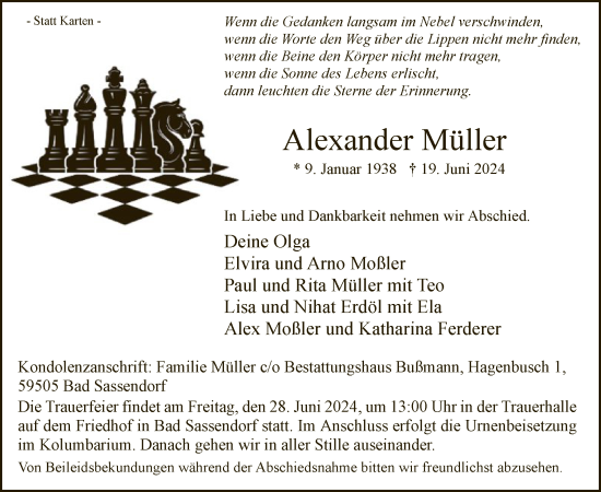 Todesanzeige von Alexander Müller von WA
