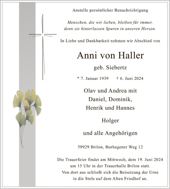 Todesanzeige von Anne von Haller von WA