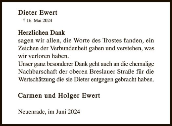 Todesanzeige von Dieter Ewert von WA