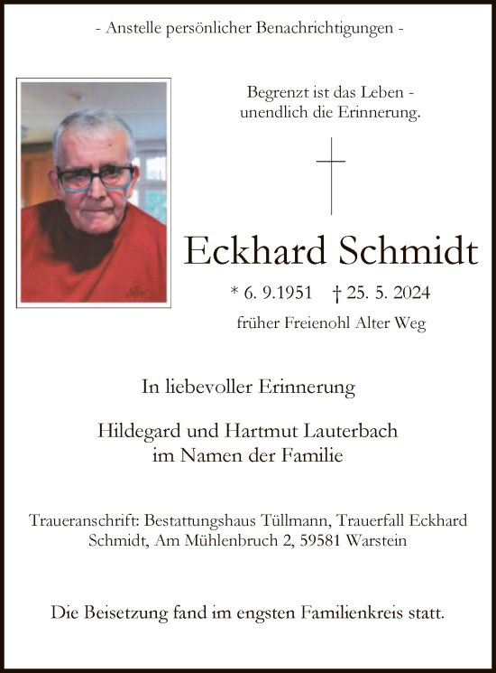 Todesanzeige von Eckhard Schmidt von WA